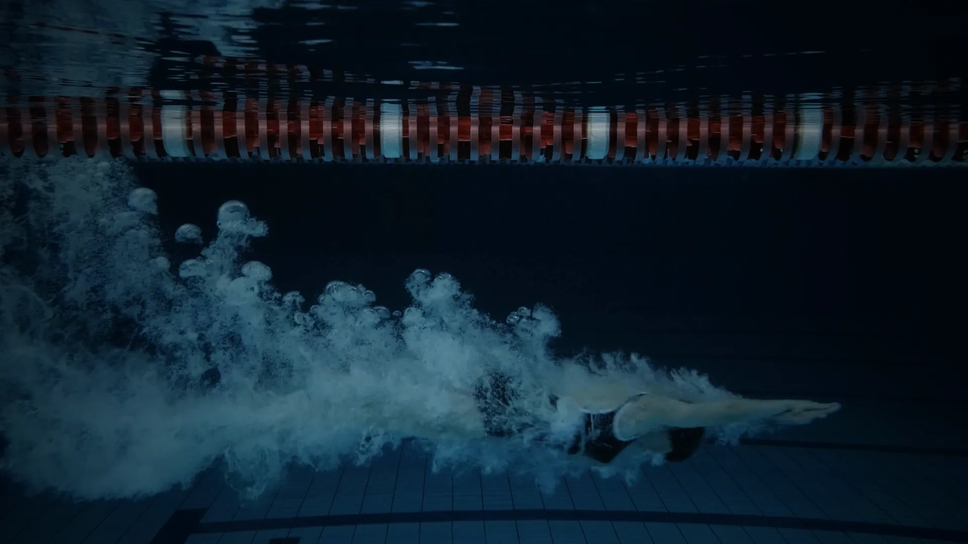 Sous l’eau, une nageuse entre dans son couloir en plongeon et file en coulée, bras tendus, sous la ligne de couloir.