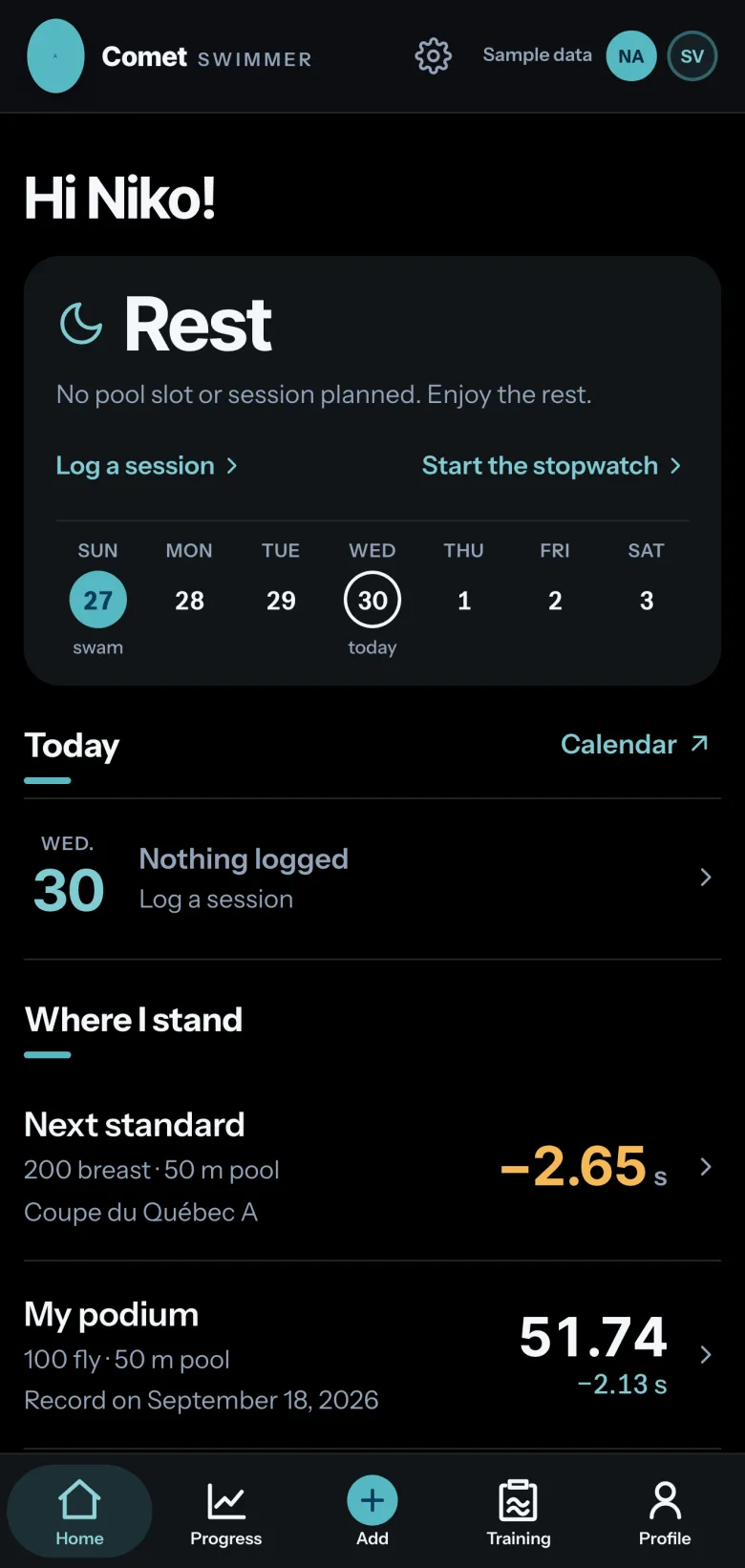Comet Home screen: the greeting, a rest day, the week from Sunday 27 to Saturday 3 with Sunday’s swim, nothing logged today, then the top of the Next standard block.
