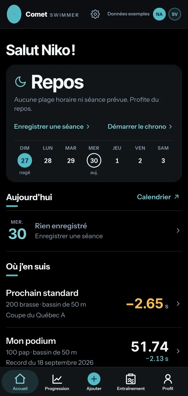 Écran Accueil de Comet : le mot d’accueil, journée de repos, semaine du dimanche 27 au samedi 3 avec la nage de dimanche, rien d’enregistré aujourd’hui, puis le début du bloc Prochain standard.