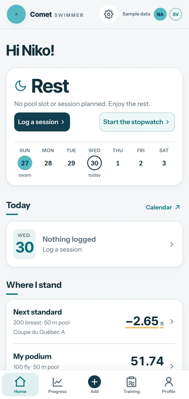 Comet Home screen: the greeting, a rest day, the week from Sunday 27 to Saturday 3 with Sunday’s swim, nothing logged today, then the top of the Next standard block.