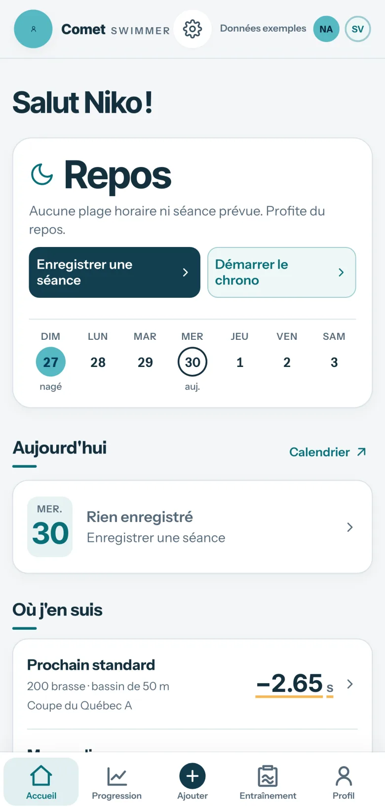 Écran Accueil de Comet : le mot d’accueil, journée de repos, semaine du dimanche 27 au samedi 3 avec la nage de dimanche, rien d’enregistré aujourd’hui, puis le début du bloc Prochain standard.