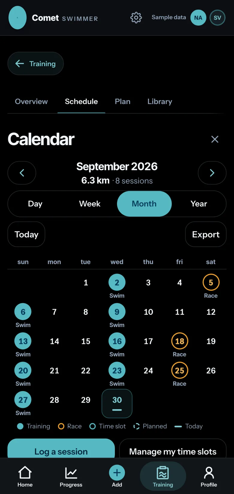 Comet calendar, September 2026: 6.3 km over 8 sessions, with the swims and races marked day by day.