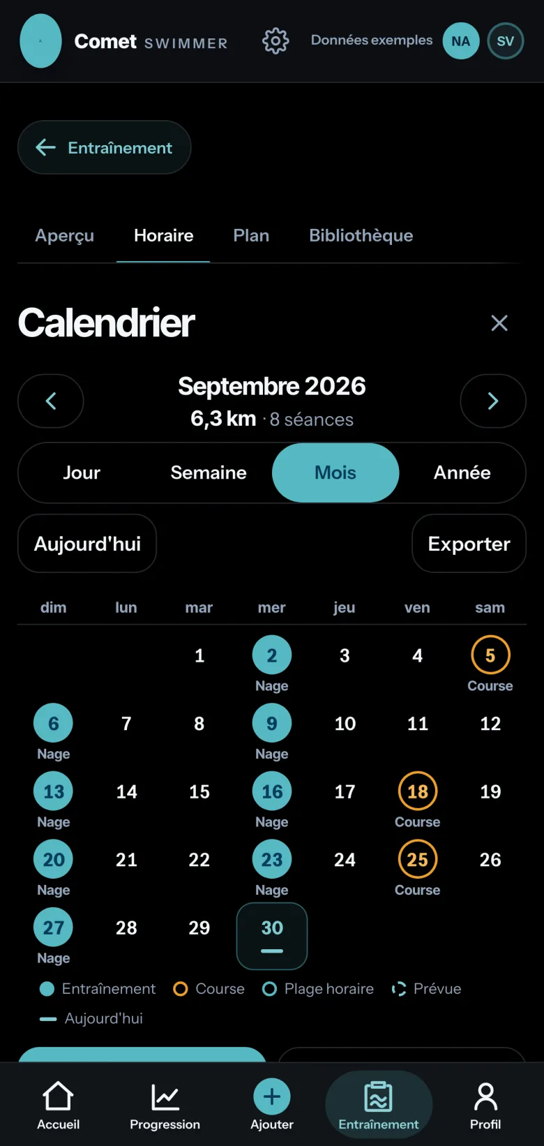 Calendrier de Comet, septembre 2026 : 6,3 km en 8 séances, les nages et les courses marquées jour par jour.
