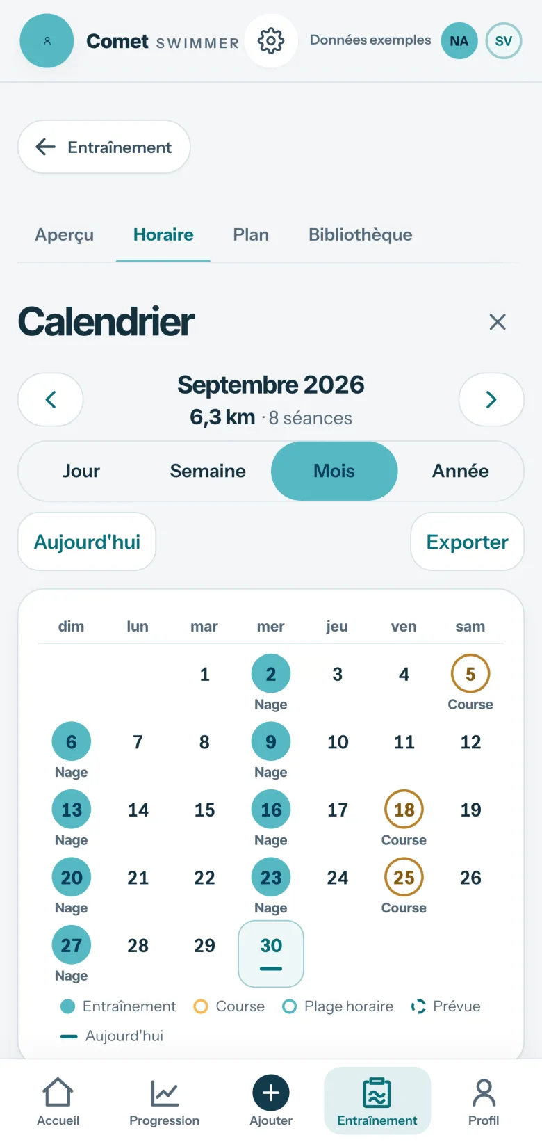 Calendrier de Comet, septembre 2026 : 6,3 km en 8 séances, les nages et les courses marquées jour par jour.
