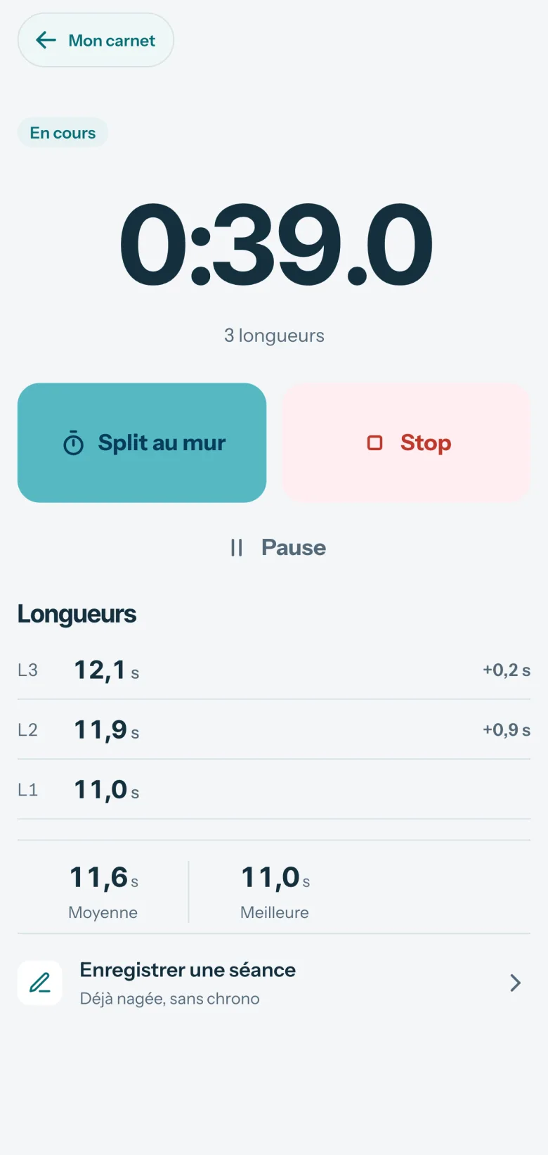 Chrono de Comet en marche à 0:39.0, trois longueurs prises au mur en 11.0, 11.9 et 12.1 s, avec la moyenne et la meilleure longueur, et les boutons Split au mur, Stop et Pause.
