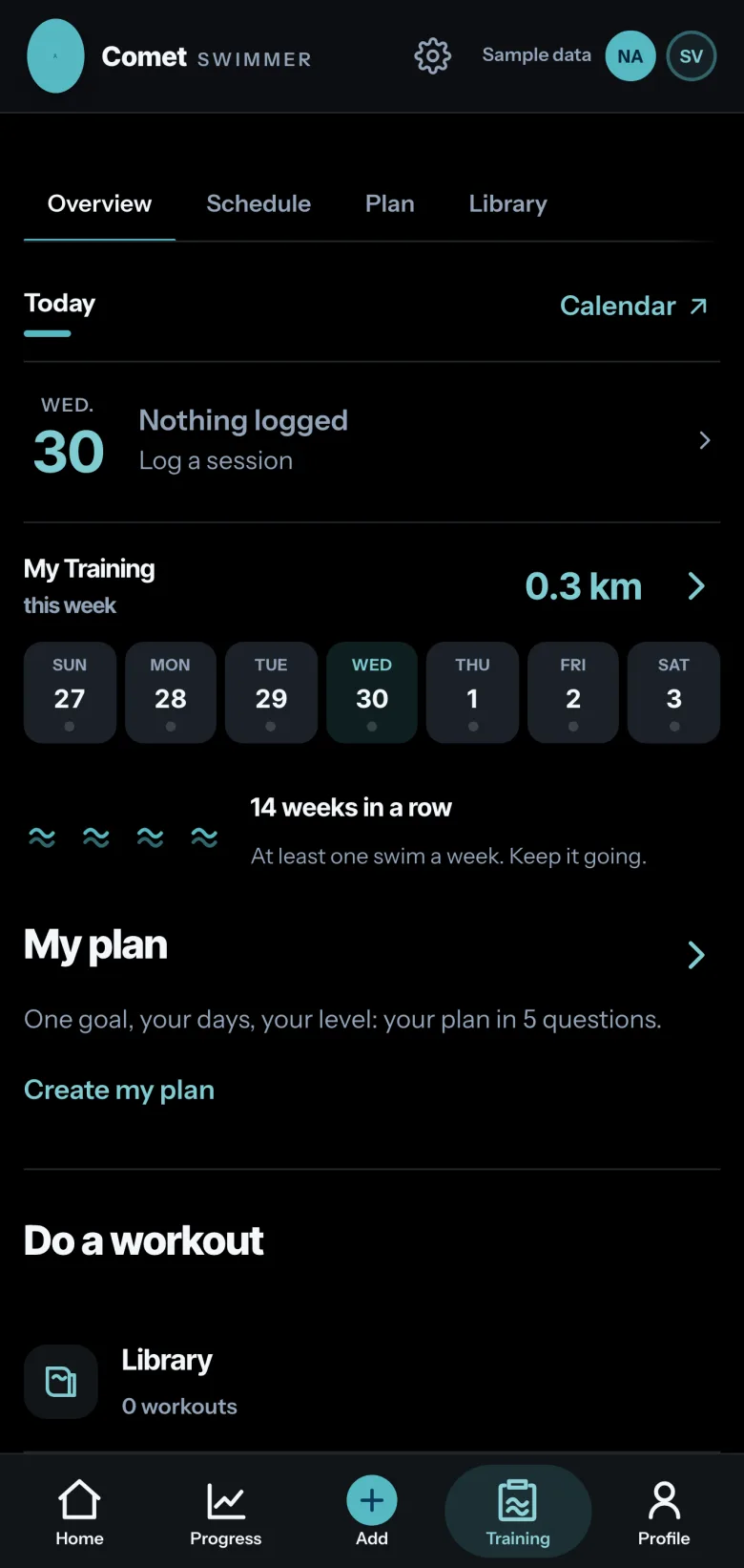 Comet Training screen: nothing logged today, 0.3 km swum this week, 14 weeks in a row in the water, and the “My plan” entry to build a plan in 5 questions.