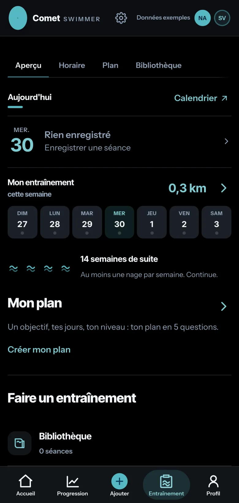Écran Entraînement de Comet : rien d’enregistré aujourd’hui, 0,3 km nagé cette semaine, 14 semaines de suite à l’eau, et l’entrée « Mon plan » pour créer un plan en 5 questions.