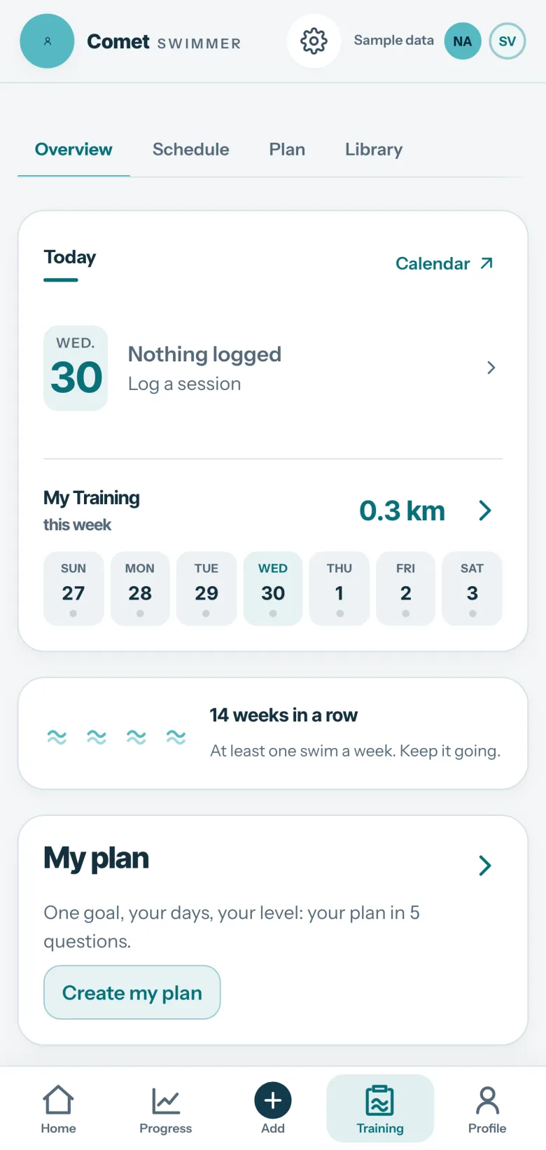 Comet Training screen: nothing logged today, 0.3 km swum this week, 14 weeks in a row in the water, and the “My plan” entry to build a plan in 5 questions.