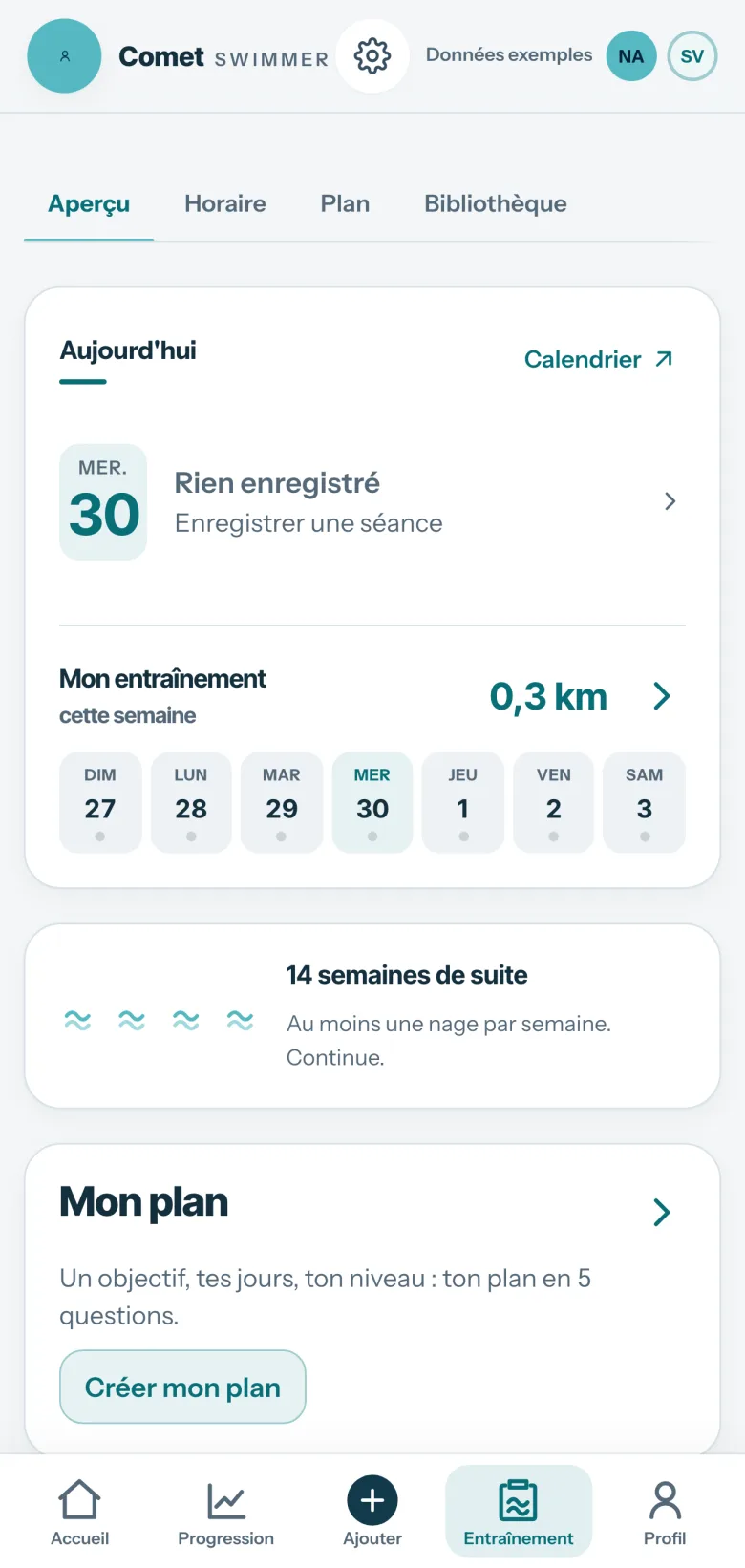 Écran Entraînement de Comet : rien d’enregistré aujourd’hui, 0,3 km nagé cette semaine, 14 semaines de suite à l’eau, et l’entrée « Mon plan » pour créer un plan en 5 questions.