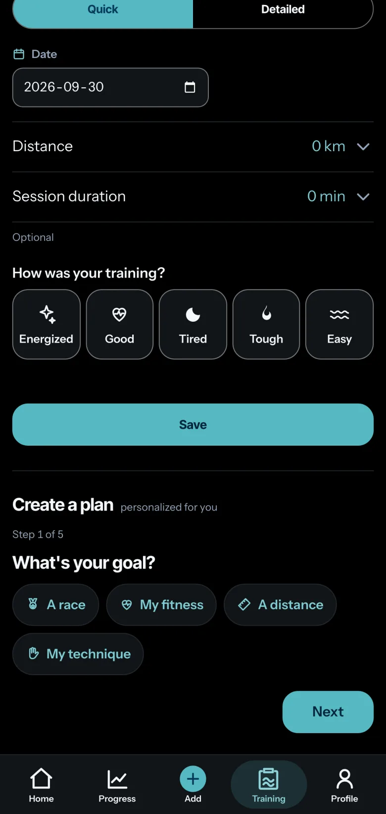 My plan in Comet: a quick session entry (date, distance, duration, how it felt), then Create a plan, personalized for you, step 1 of 5: What’s your goal? A race, my fitness, a distance or my technique.