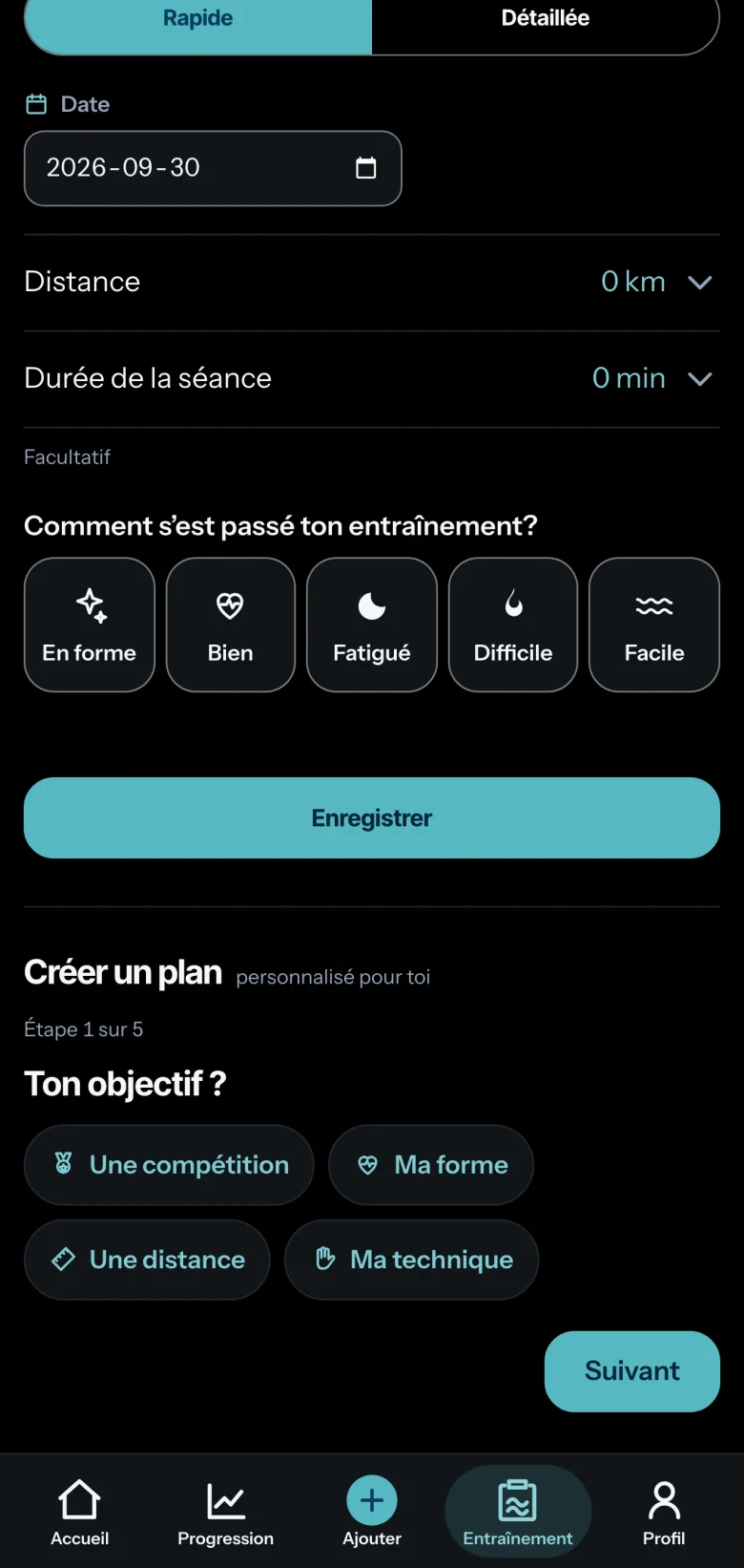 Mon plan dans Comet : la saisie rapide d’une séance (date, distance, durée, ressenti), puis Créer un plan, personnalisé pour toi, étape 1 sur 5 : Ton objectif ? Une compétition, ma forme, une distance ou ma technique.