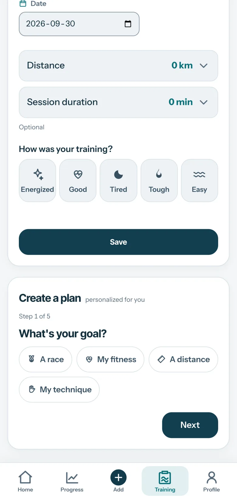 My plan in Comet: a quick session entry (date, distance, duration, how it felt), then Create a plan, personalized for you, step 1 of 5: What’s your goal? A race, my fitness, a distance or my technique.