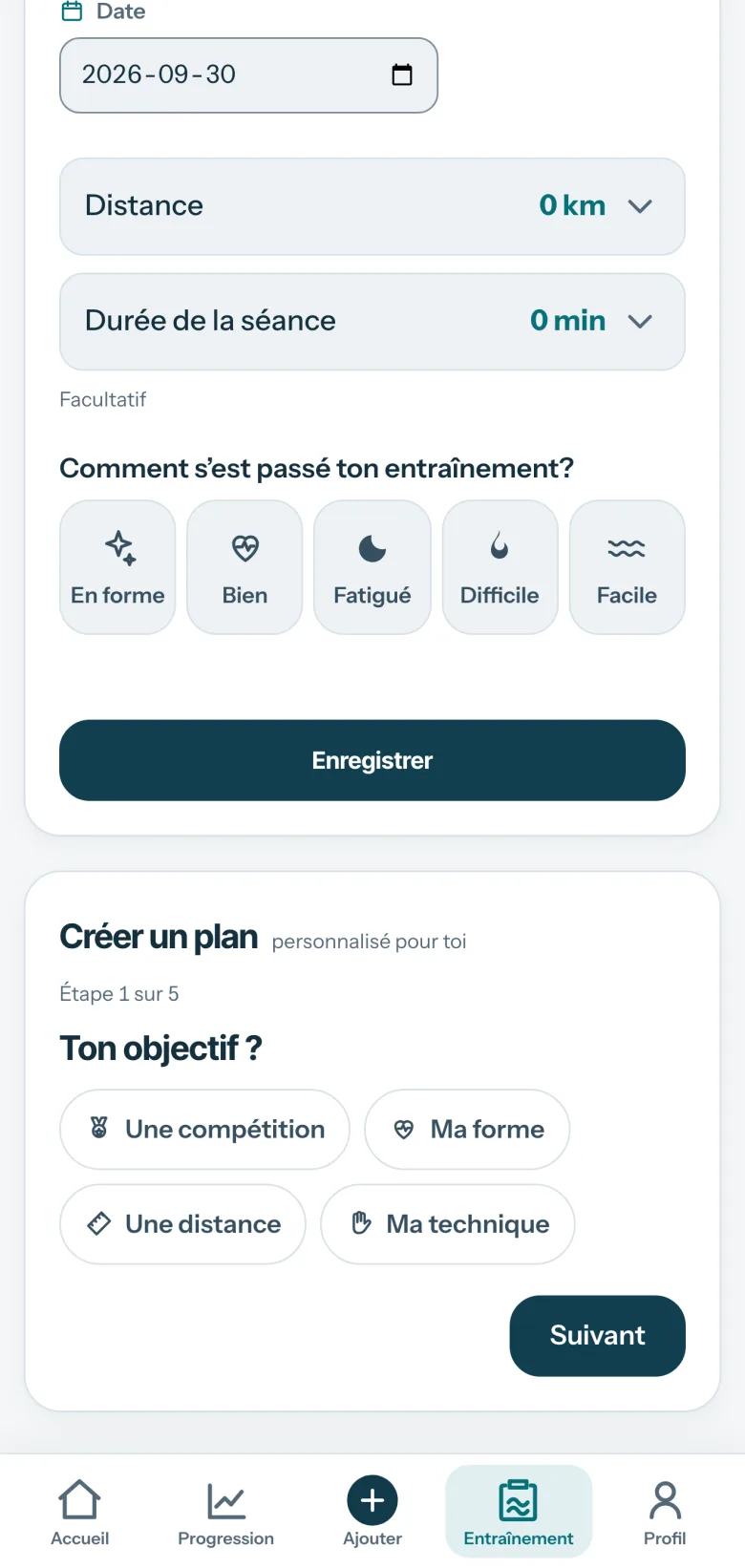 Mon plan dans Comet : la saisie rapide d’une séance (date, distance, durée, ressenti), puis Créer un plan, personnalisé pour toi, étape 1 sur 5 : Ton objectif ? Une compétition, ma forme, une distance ou ma technique.