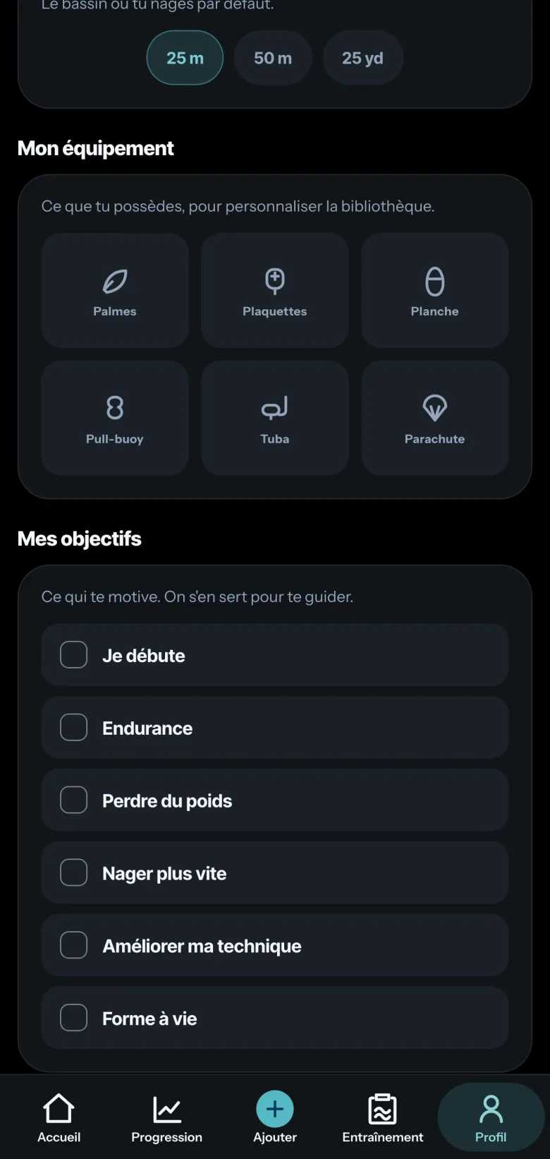 Profil de Comet : le bassin où tu nages par défaut (25 m), ton équipement pour personnaliser la bibliothèque (palmes, plaquettes, planche, pull-buoy, tuba, parachute) et tes objectifs, de « Je débute » à « Forme à vie ».