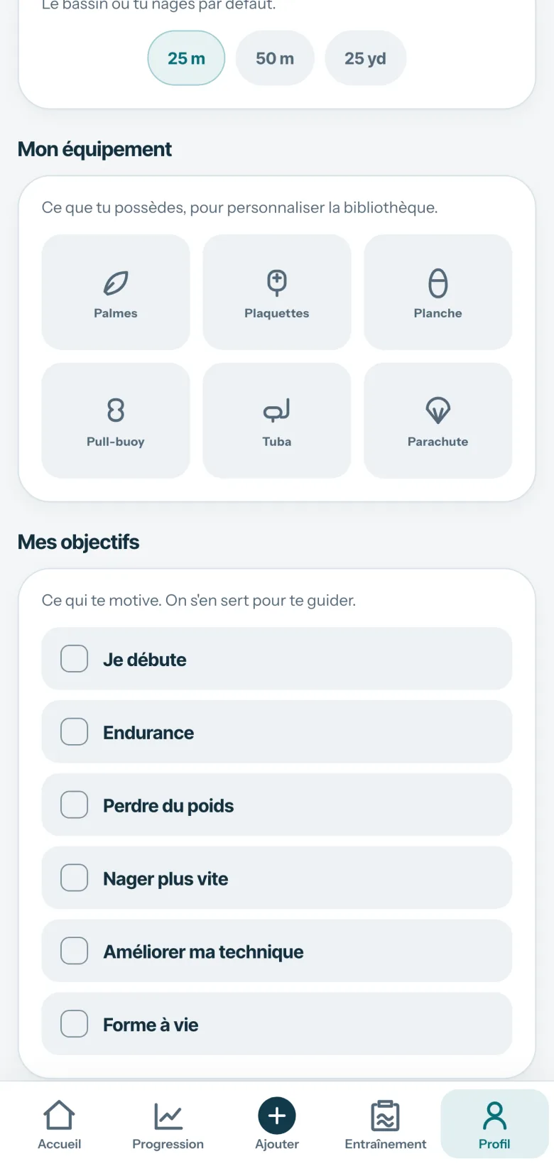 Profil de Comet : le bassin où tu nages par défaut (25 m), ton équipement pour personnaliser la bibliothèque (palmes, plaquettes, planche, pull-buoy, tuba, parachute) et tes objectifs, de « Je débute » à « Forme à vie ».