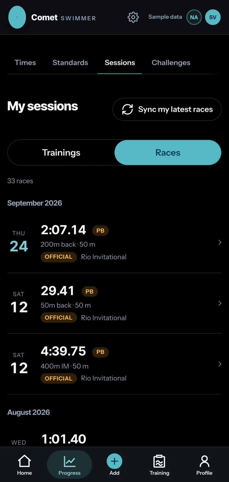 Comet Sessions screen, Races tab: official races imported from the Rio Invitational, including 2:07.14 in the 200 backstroke and 29.41 in the 50 backstroke, marked Official, under the “Sync my latest races” button.