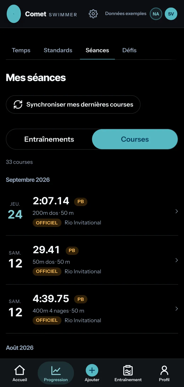 Écran Séances de Comet, onglet Courses : des courses officielles importées du Rio Invitational, dont 2:07.14 au 200 dos et 29.41 au 50 dos, marquées Officiel, sous le bouton « Synchroniser mes dernières courses ».