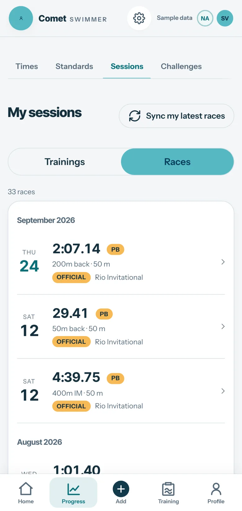 Comet Sessions screen, Races tab: official races imported from the Rio Invitational, including 2:07.14 in the 200 backstroke and 29.41 in the 50 backstroke, marked Official, under the “Sync my latest races” button.