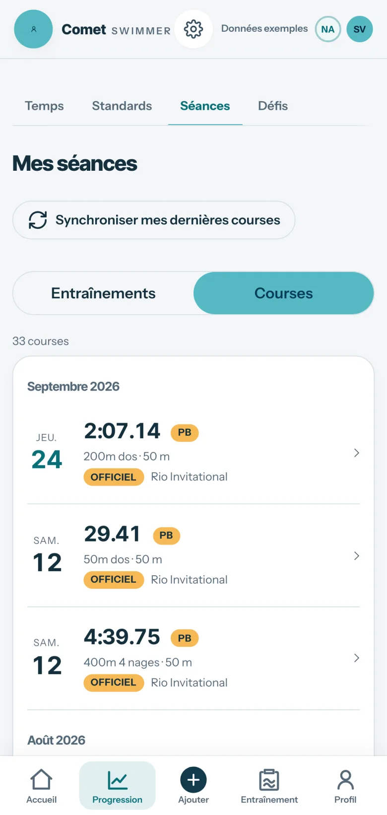 Écran Séances de Comet, onglet Courses : des courses officielles importées du Rio Invitational, dont 2:07.14 au 200 dos et 29.41 au 50 dos, marquées Officiel, sous le bouton « Synchroniser mes dernières courses ».