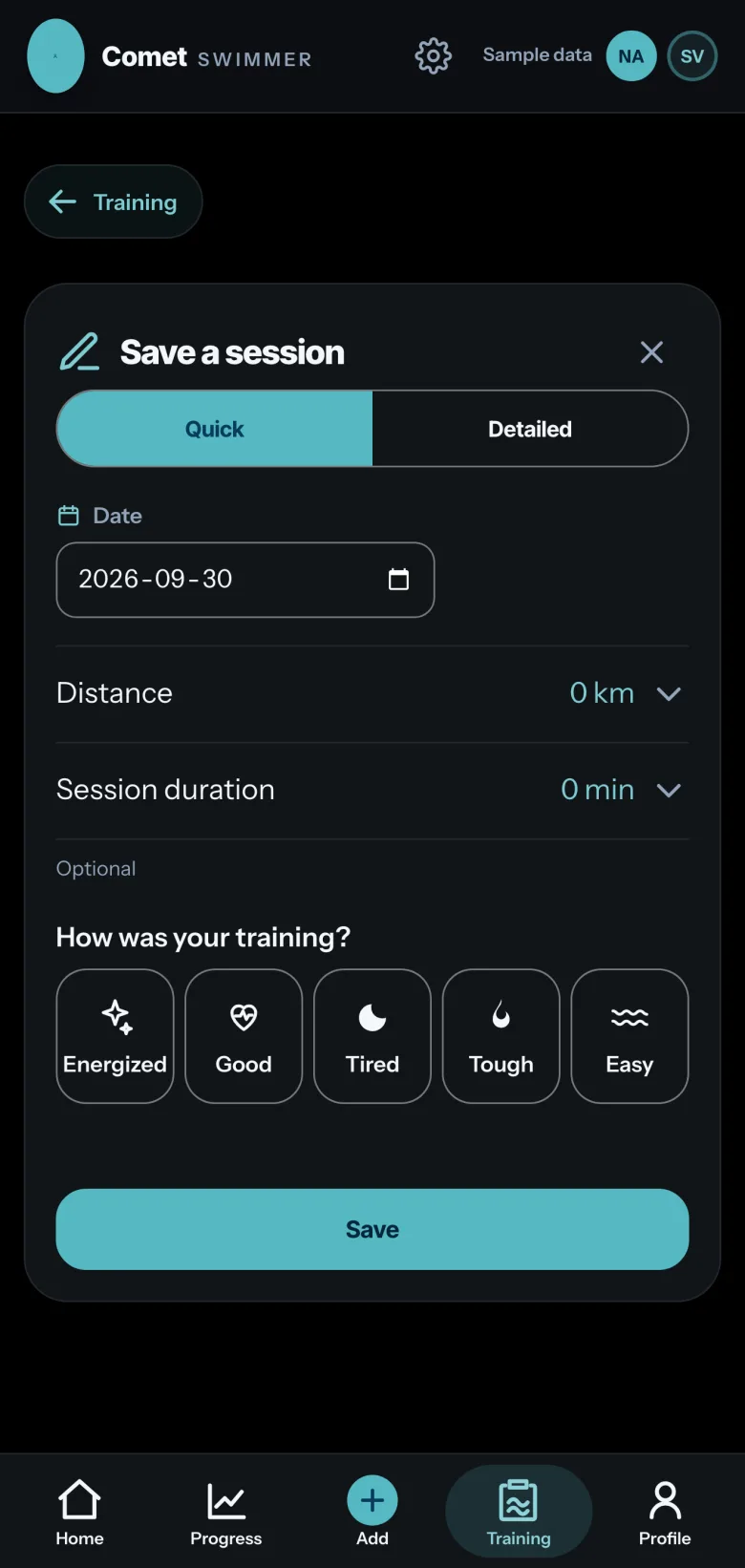 Log a session in Comet, opened from the + button: quick or detailed entry, the date, distance, duration and how the workout felt, then Save.