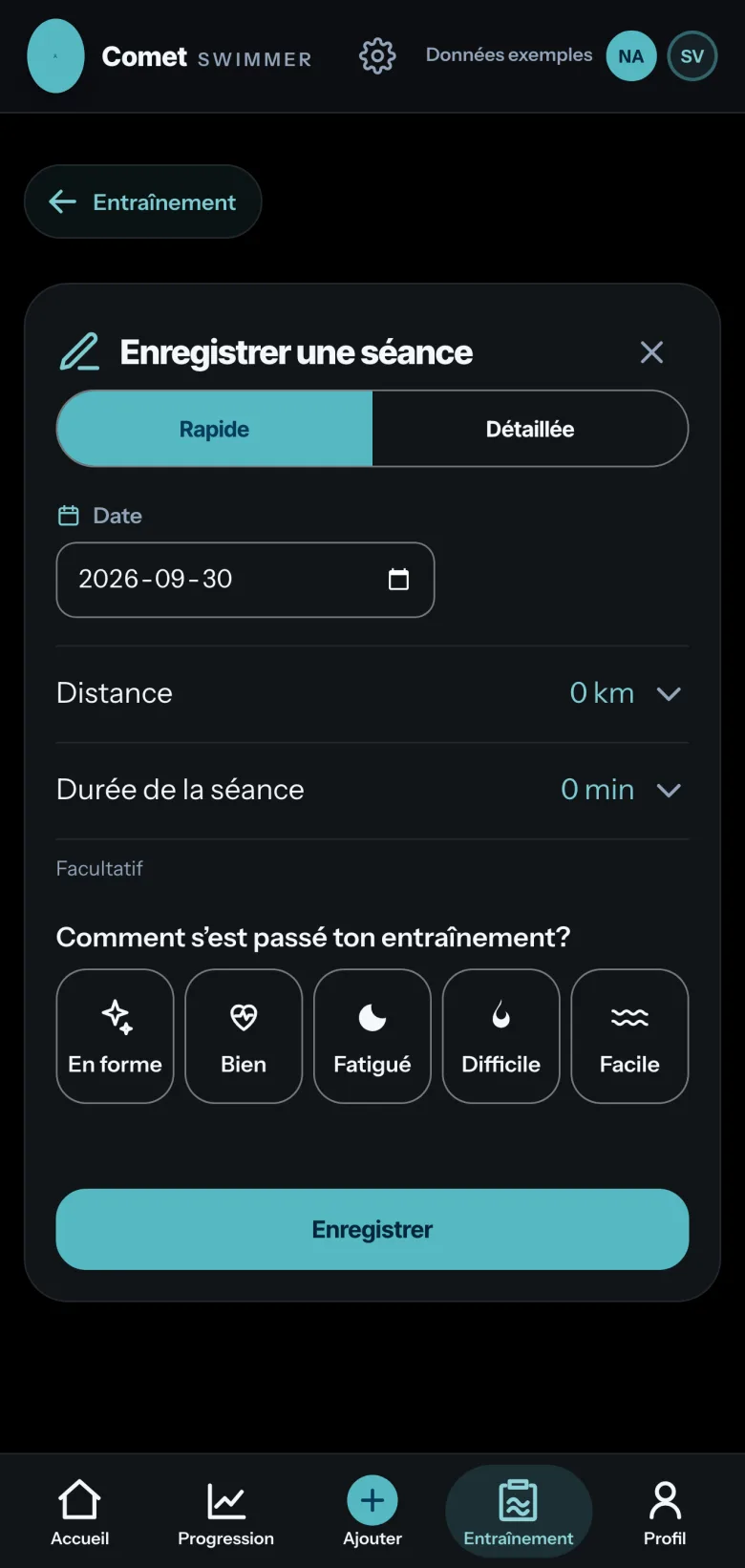 Enregistrer une séance dans Comet, ouvert par le bouton + : saisie rapide ou détaillée, la date, la distance, la durée et le ressenti de l’entraînement, puis Enregistrer.