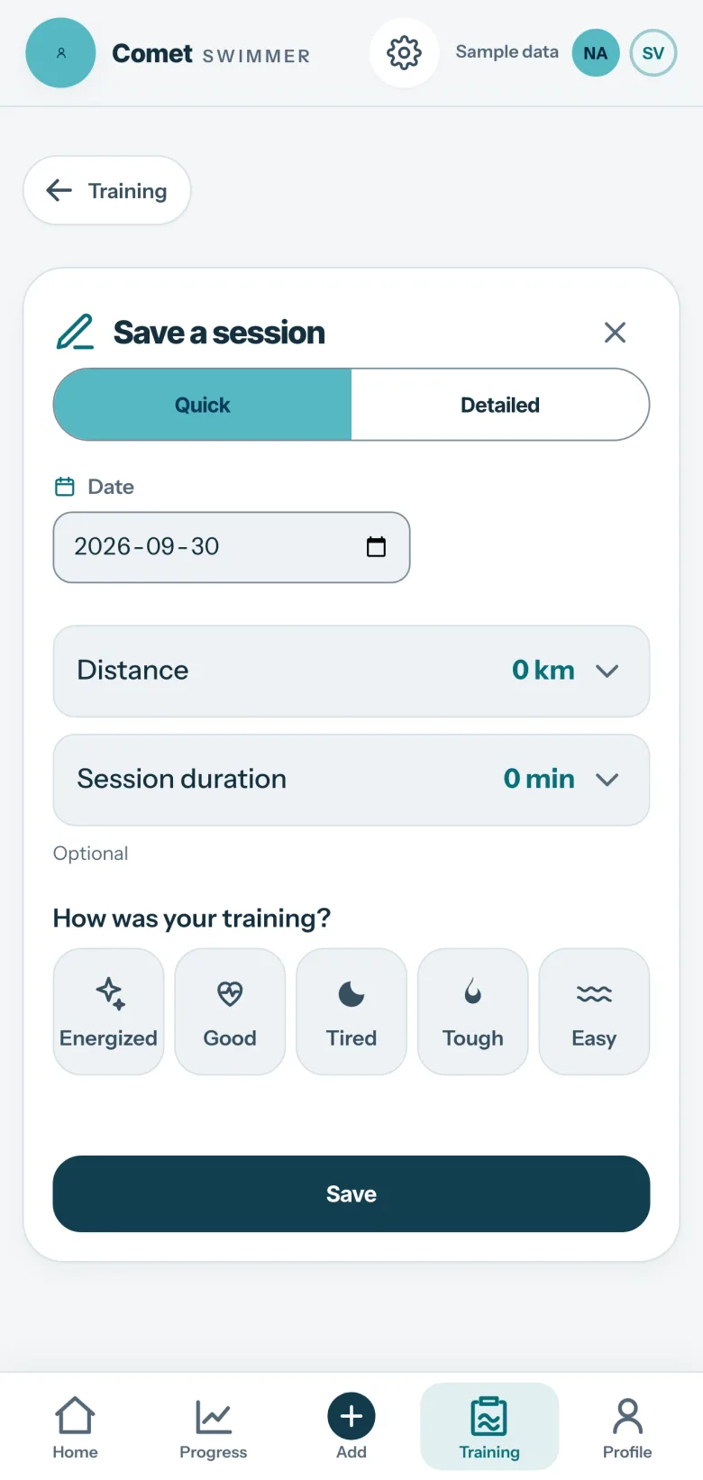 Log a session in Comet, opened from the + button: quick or detailed entry, the date, distance, duration and how the workout felt, then Save.