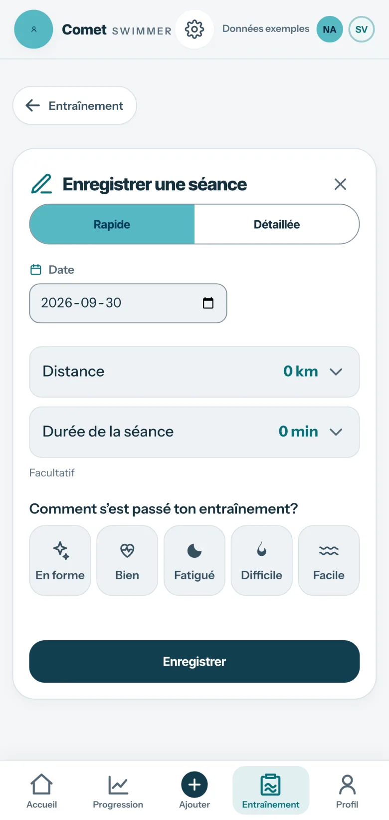 Enregistrer une séance dans Comet, ouvert par le bouton + : saisie rapide ou détaillée, la date, la distance, la durée et le ressenti de l’entraînement, puis Enregistrer.