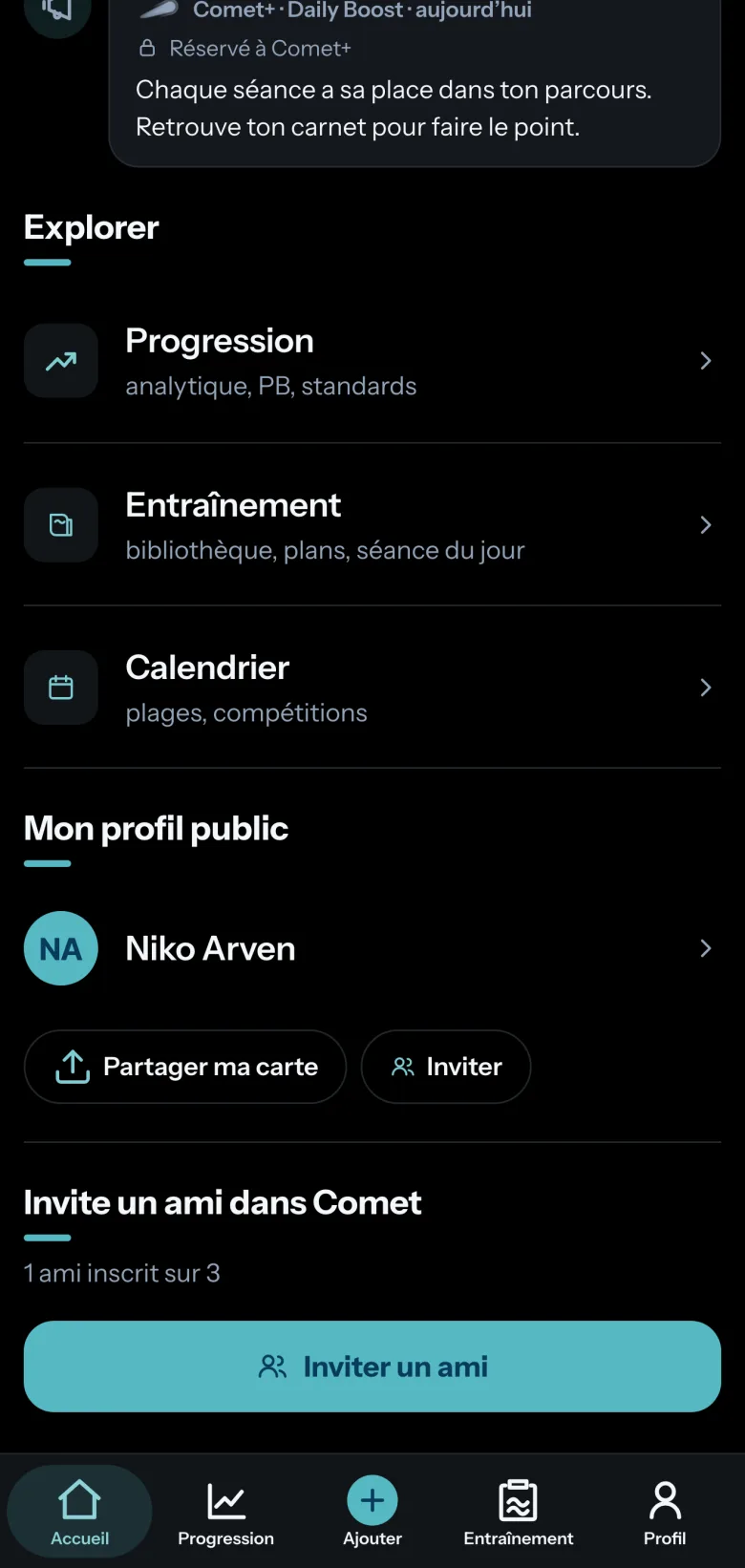 Bas de l’écran Accueil de Comet : Explorer (Progression, Entraînement, Calendrier), Mon profil public avec Partager ma carte et Inviter, puis Invite un ami dans Comet.